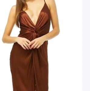 Satin twist-front brown midi dress. XS